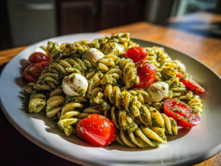 A vibrant plate of pesto pasta salad featuring fusilli, cherry tomatoes, and small mozzarella balls.