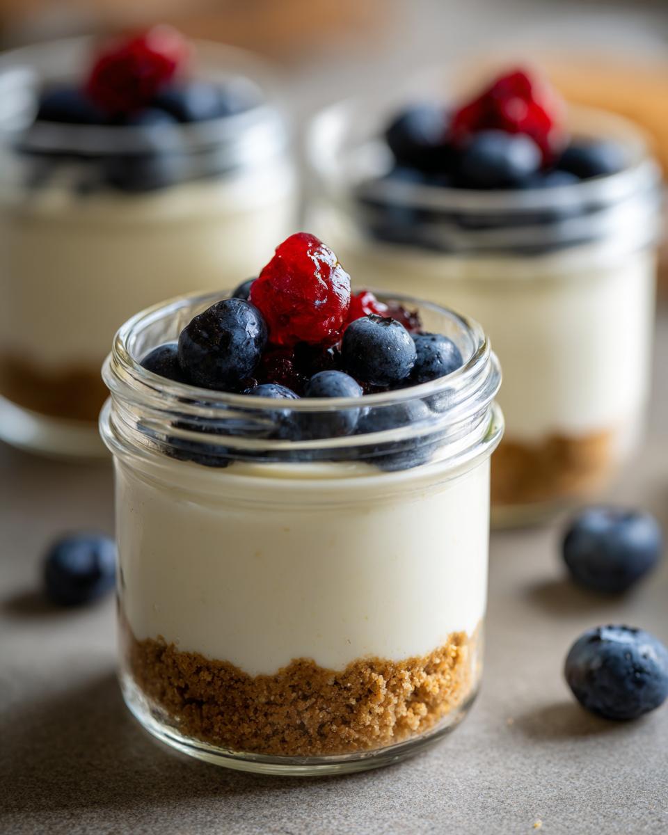 Close-up of a single serving Protein Cheesecake in a jar with a graham cracker crust, topped with fresh blueberries and a raspberry.