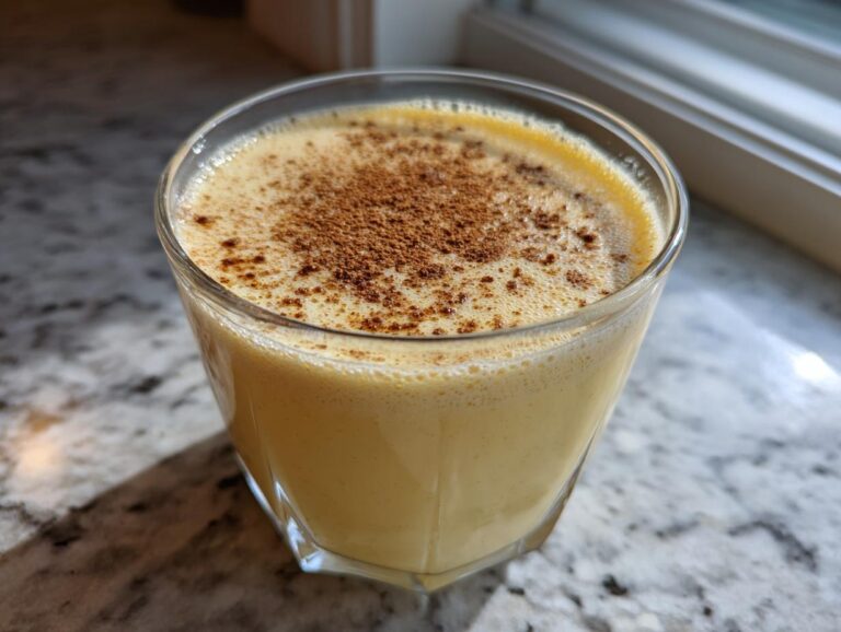 A glass of rich, creamy yellow eggnog topped with a dusting of cinnamon spice.