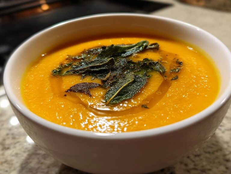 A close-up of a bowl of vibrant orange roasted butternut squash soup topped with crispy sage leaves and olive oil.