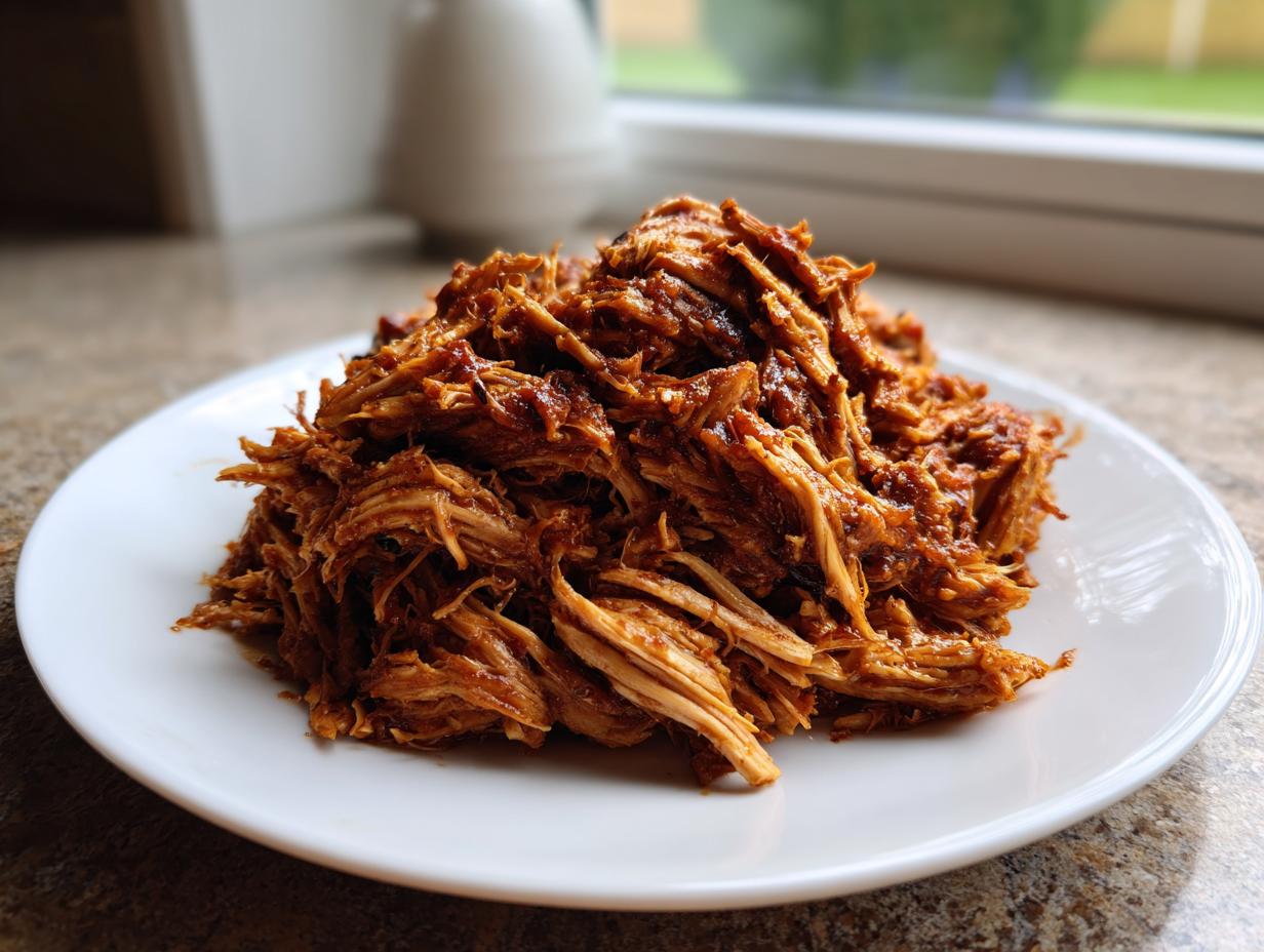 A close-up of a generous serving of saucy, shredded pulled chicken piled high on a white plate.