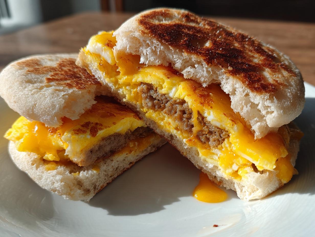 Close-up of a sausage, egg, and cheese sandwich made with a toasted english muffin, cut in half.