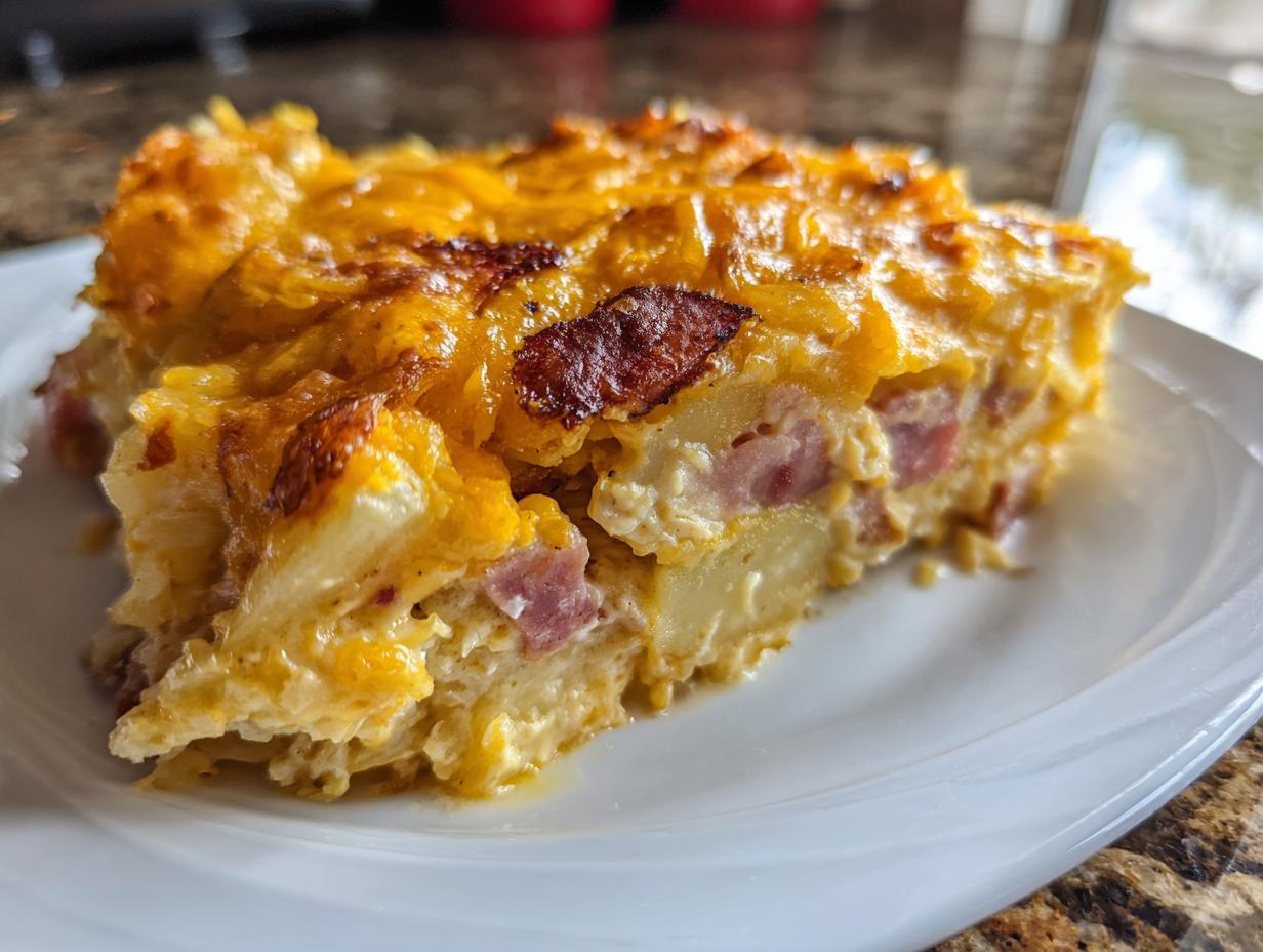 A thick slice of cheesy scalloped potatoes and ham casserole with a golden-brown, bubbly cheese topping served on a white plate.