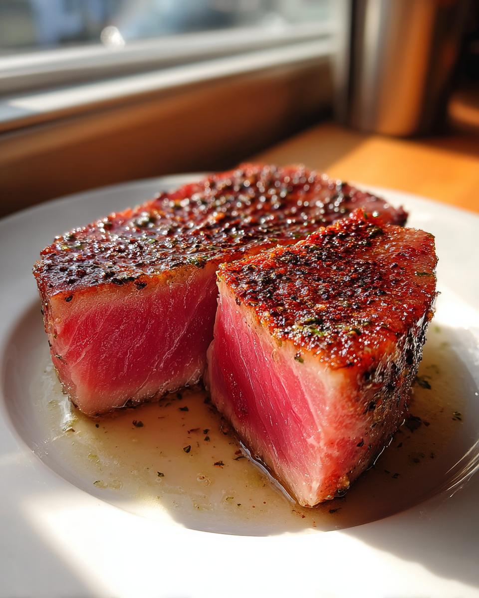 Close-up of a perfectly seared rare tuna steak, cut to show the bright pink center and dark seasoned crust.