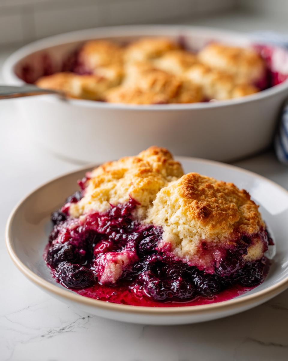 A scoop of warm berry cobbler with golden topping served on a white plate, showing juicy dark berries.