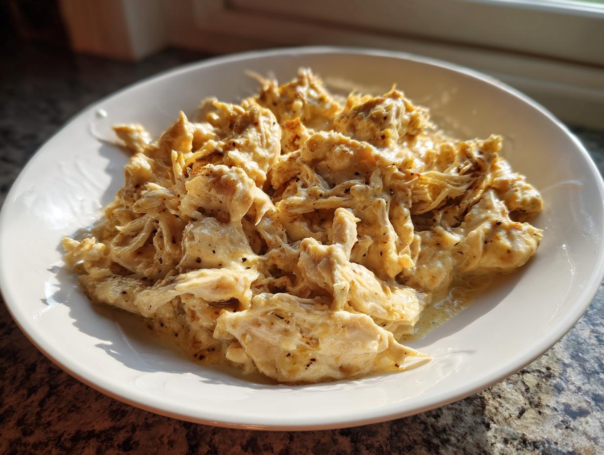 A white bowl filled with shredded slow cooker garlic parmesan chicken coated in a creamy sauce.