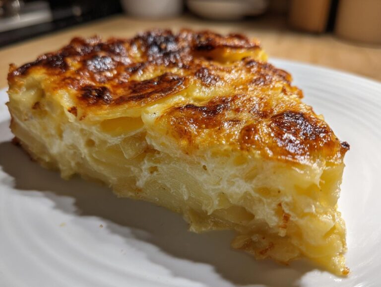 Close-up of a thick slice of creamy scalloped potatoes showing layered potatoes and a deeply browned, cheesy top.