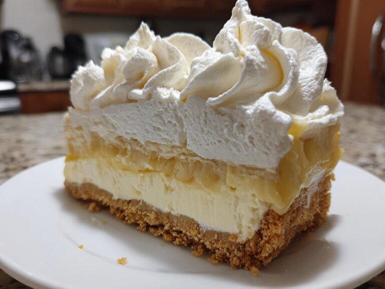A tall slice of banana cream cheesecake featuring a graham cracker crust, creamy filling, banana layer, and whipped cream topping.