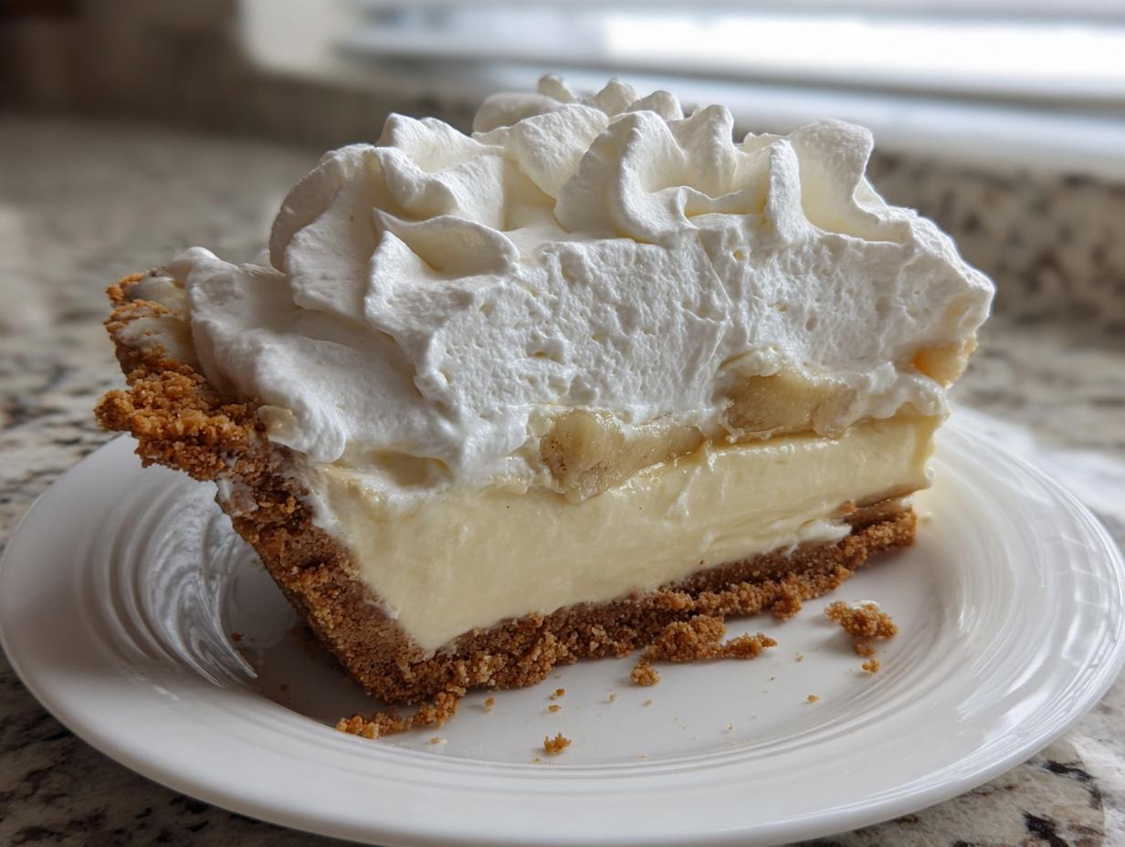 A generous slice of banana cream pie featuring a graham cracker crust, thick custard, banana slices, and high swirls of whipped cream.
