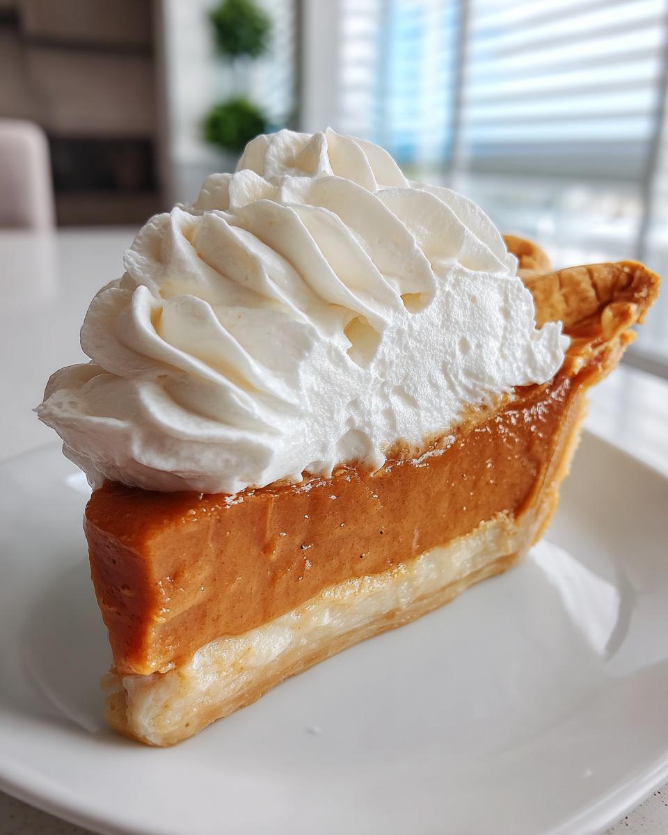 A perfect slice of rich, orange butterscotch pie topped high with swirled whipped cream on a white plate.