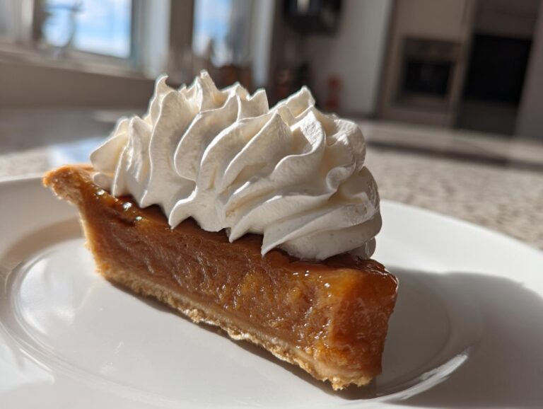 A perfect slice of rich, golden butterscotch pie topped with a swirl of fresh whipped cream.
