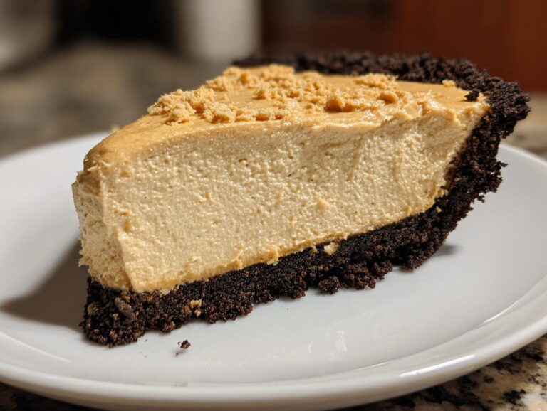 Close-up of a thick slice of creamy peanut butter pie featuring a dark chocolate crumb crust.