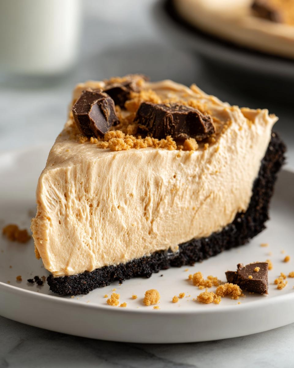 A thick slice of creamy peanut butter pie with a dark chocolate crust, topped with peanut butter cup pieces.