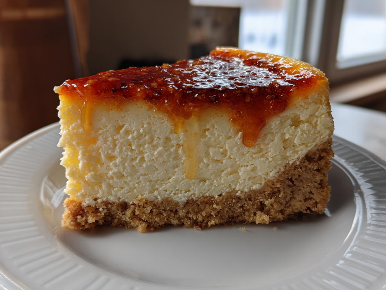 A perfect slice of creme brulee cheesecake featuring a thick graham cracker crust and a caramelized, slightly dripping topping.