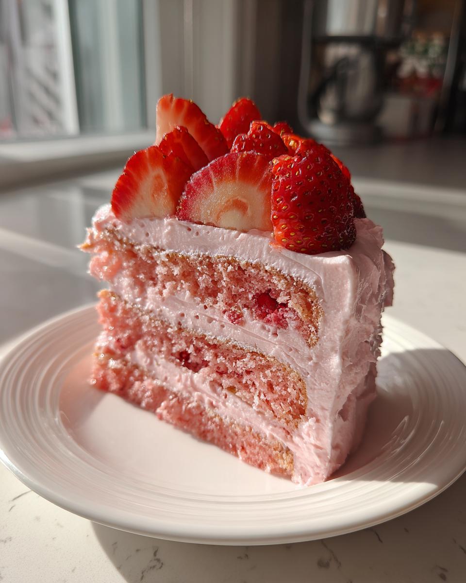 A perfect slice of homemade strawberry cake with pink frosting and fresh sliced strawberries on top.
