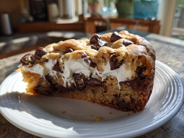 A thick slice of cookie cake recipe featuring melted marshmallow filling and chocolate chips, served on a white plate.