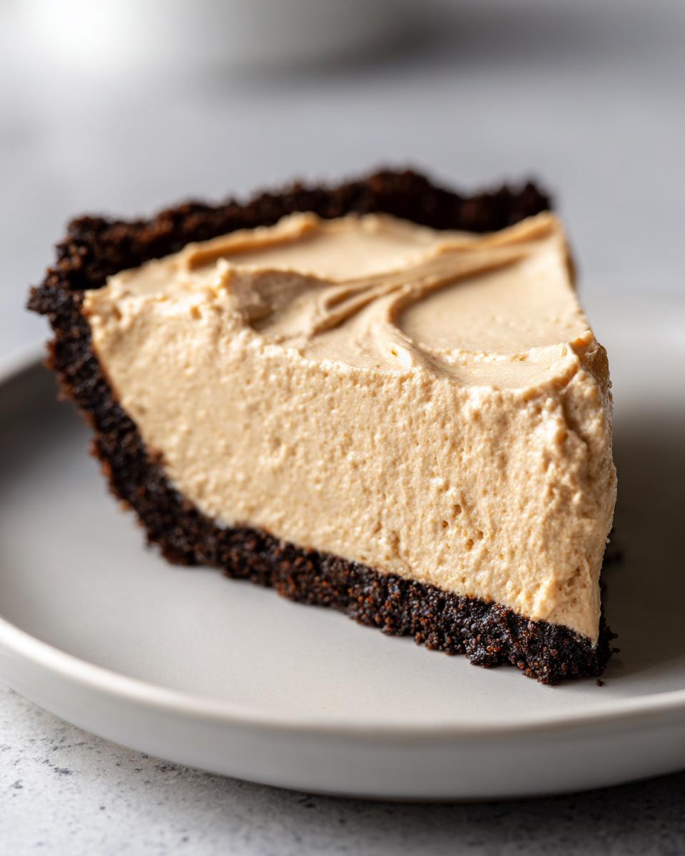 A close-up slice of creamy peanut butter pie with a dark chocolate crust, served on a light gray plate.