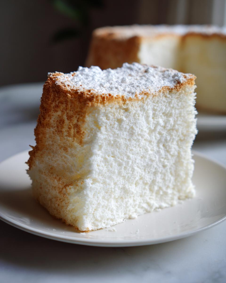 Close-up of a thick slice of perfect angel food cake, showing its white, airy crumb and golden crust dusted with powdered sugar.