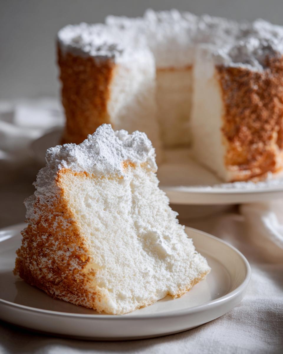 A close-up slice of incredibly light and airy angel food cake dusted with powdered sugar.