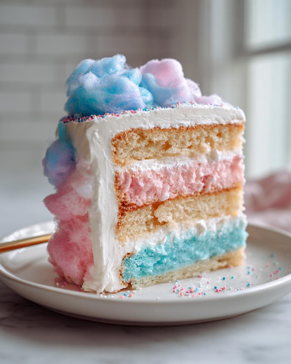 A tall slice of cotton candy cake featuring layers of vanilla, pink, and blue cake, frosted in white, topped with pink and blue cotton candy.