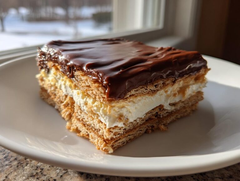 A square slice of eclair cake with graham cracker layers, cream filling, and chocolate frosting, sitting on a white plate.