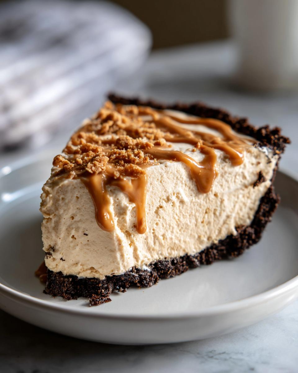 A close-up of a thick slice of creamy peanut butter pie with a dark crust, topped with caramel sauce and crumbs.