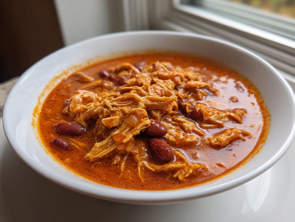Close-up of a white bowl filled with bright orange slow cooker buffalo chicken chili, featuring shredded chicken and kidney beans.