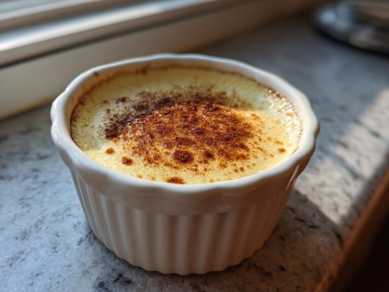 A close-up of a smooth egg custard baked in a white fluted ramekin, lightly dusted with cinnamon or nutmeg.