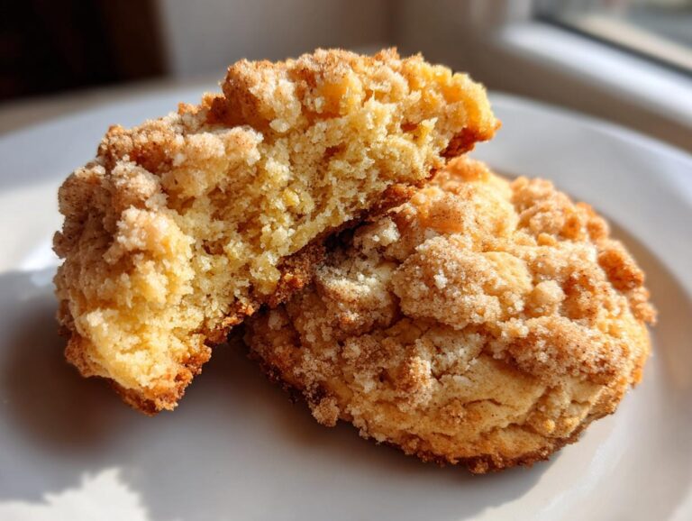 Close-up of a soft coffee cake cookie broken in half, showing the tender interior and cinnamon streusel topping.