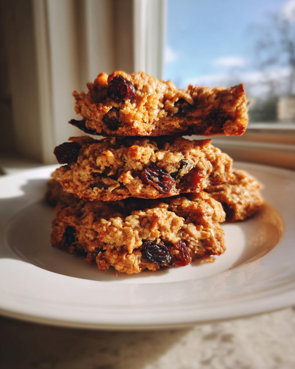 A stack of soft oatmeal raisin cookies, with one cookie broken in half showing the texture.