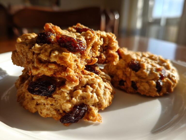 Close-up of a stack of soft oatmeal raisin cookies piled on a white plate, highlighted by natural sunlight.