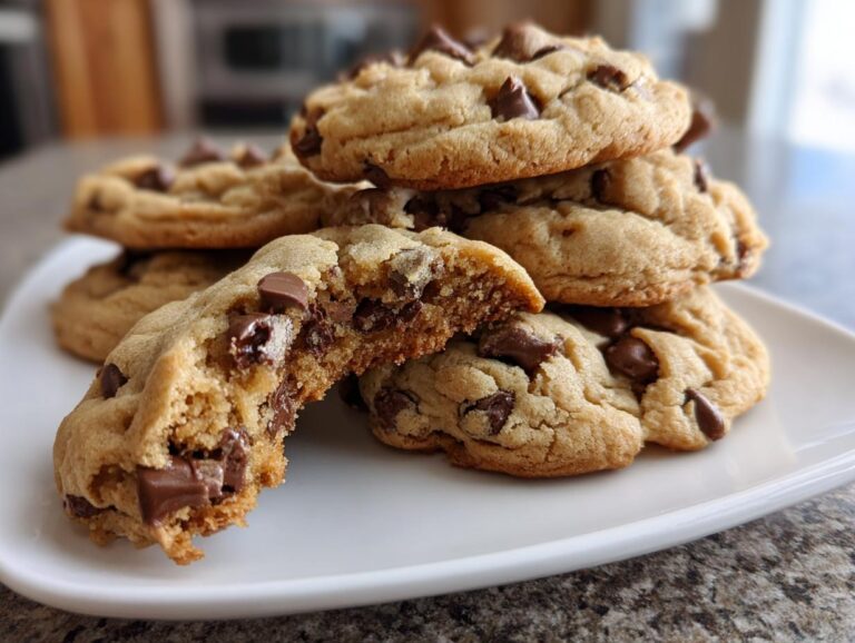 A stack of soft, chewy chocolate chip pudding cookies, with one cookie broken in half showing melted chocolate chips.