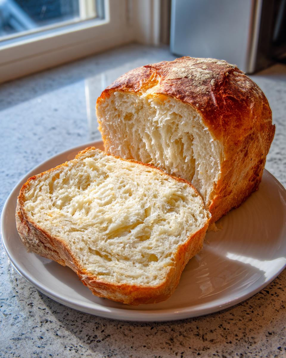 A freshly baked loaf of sourdough sandwich bread, partially sliced, showing its soft interior crumb.