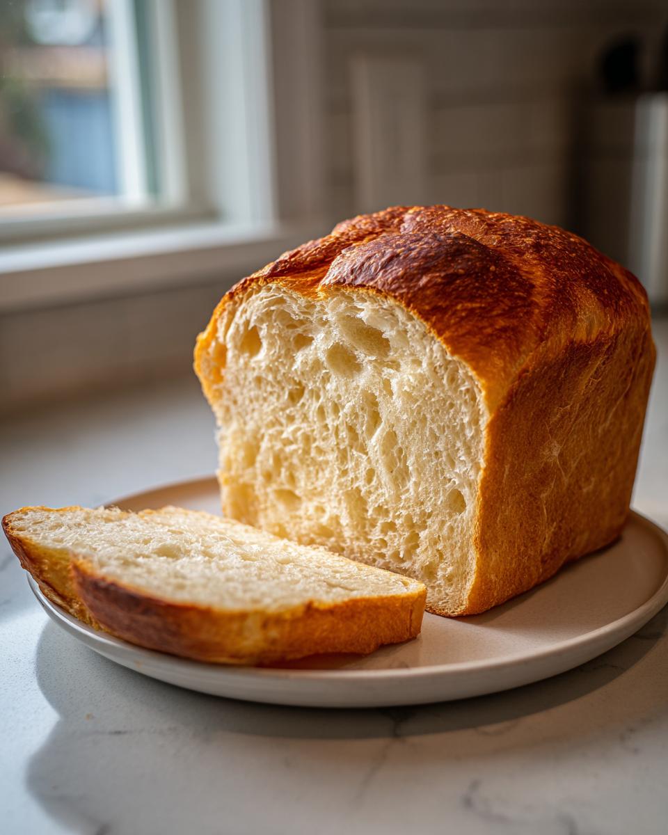 A golden-crusted sourdough sandwich bread loaf, partially sliced, showing its soft, airy interior on a plate.