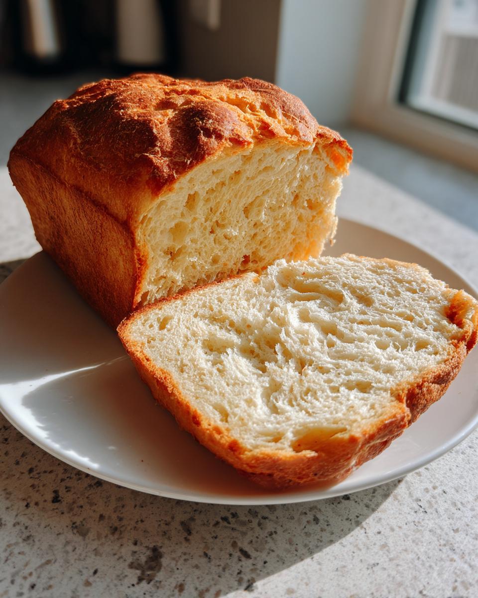 A golden-crusted sourdough sandwich bread loaf, partially sliced, showing a soft, fluffy interior.