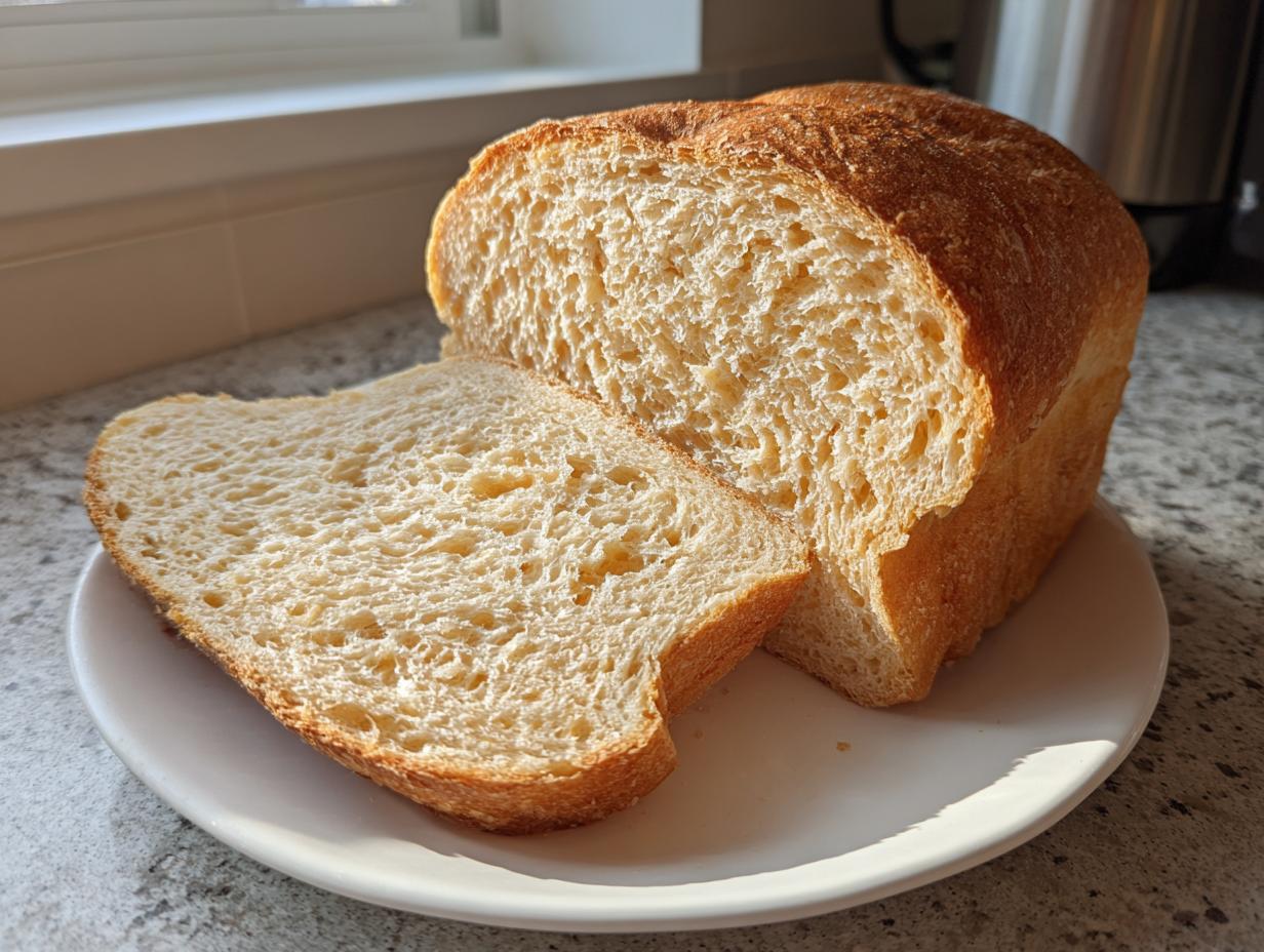 A golden-brown sourdough sandwich bread loaf with one thick slice resting against it on a white plate.