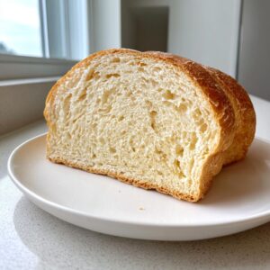 A close-up view of two thick slices of soft sourdough sandwich bread showing the fine, even crumb texture.