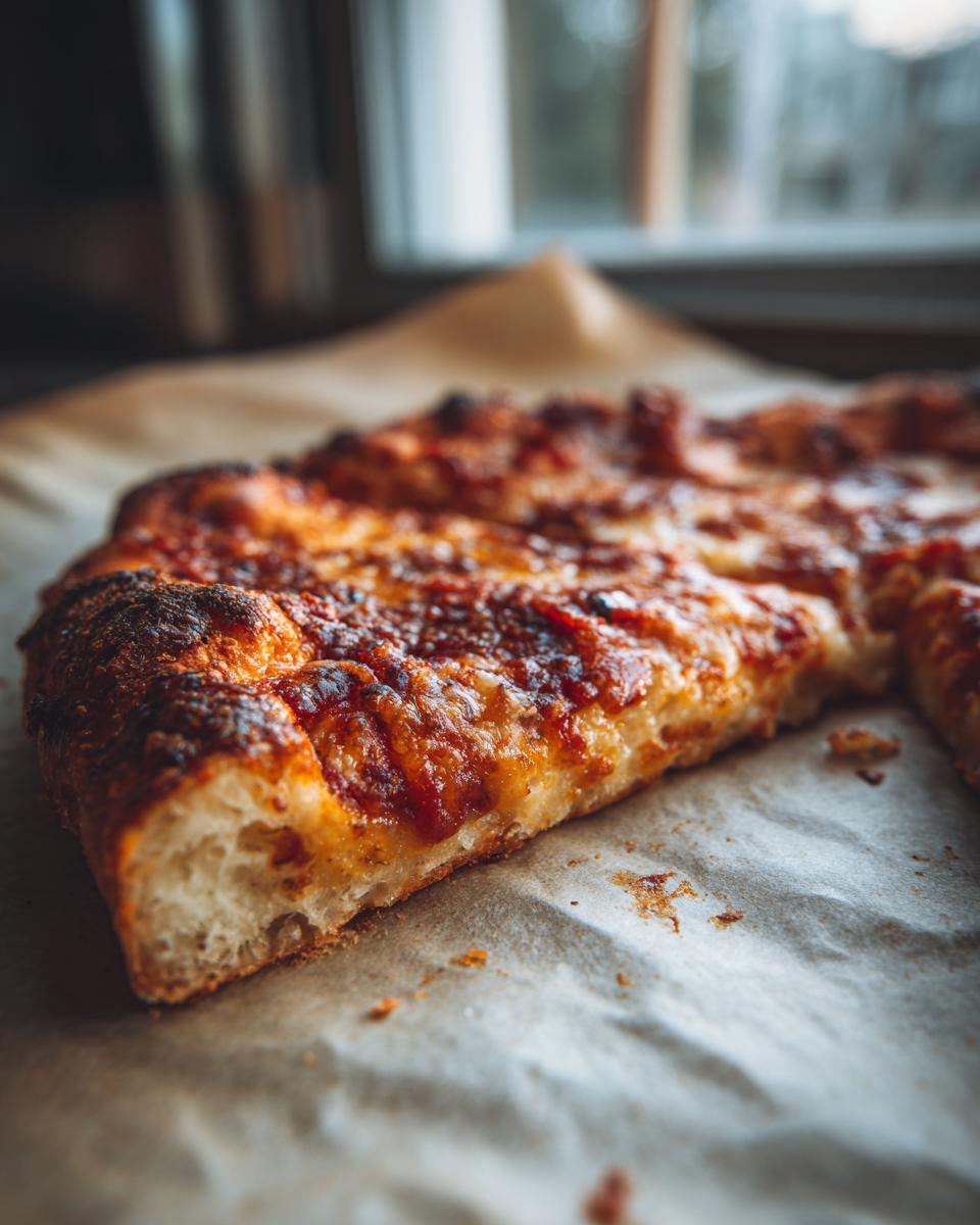 A close-up, low-angle shot of a slice of baked pizza showing the airy crumb of the sourdough discard pizza dough crust.