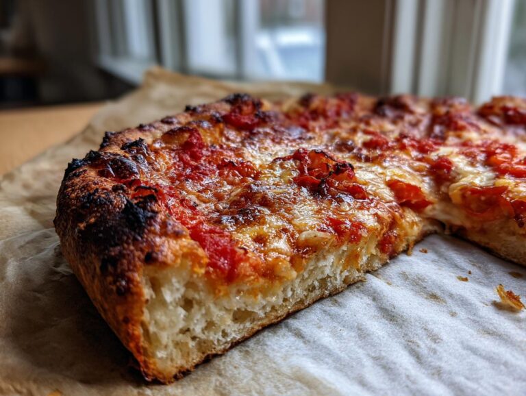 Close-up of a thick-crust pizza slice showing airy interior made from sourdough discard pizza dough, topped with tomato sauce and cheese.