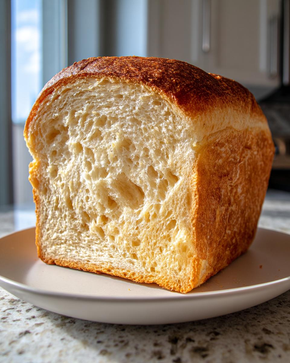 Close-up of a freshly baked sourdough sandwich bread loaf, showing its soft, open crumb structure.