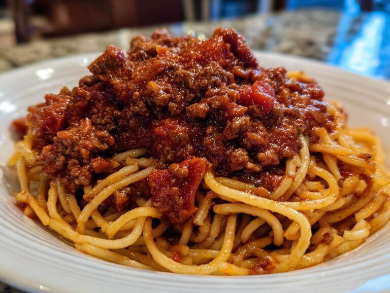 Close-up of spaghetti pasta generously topped with a rich, meaty bolognese sauce in a white bowl.