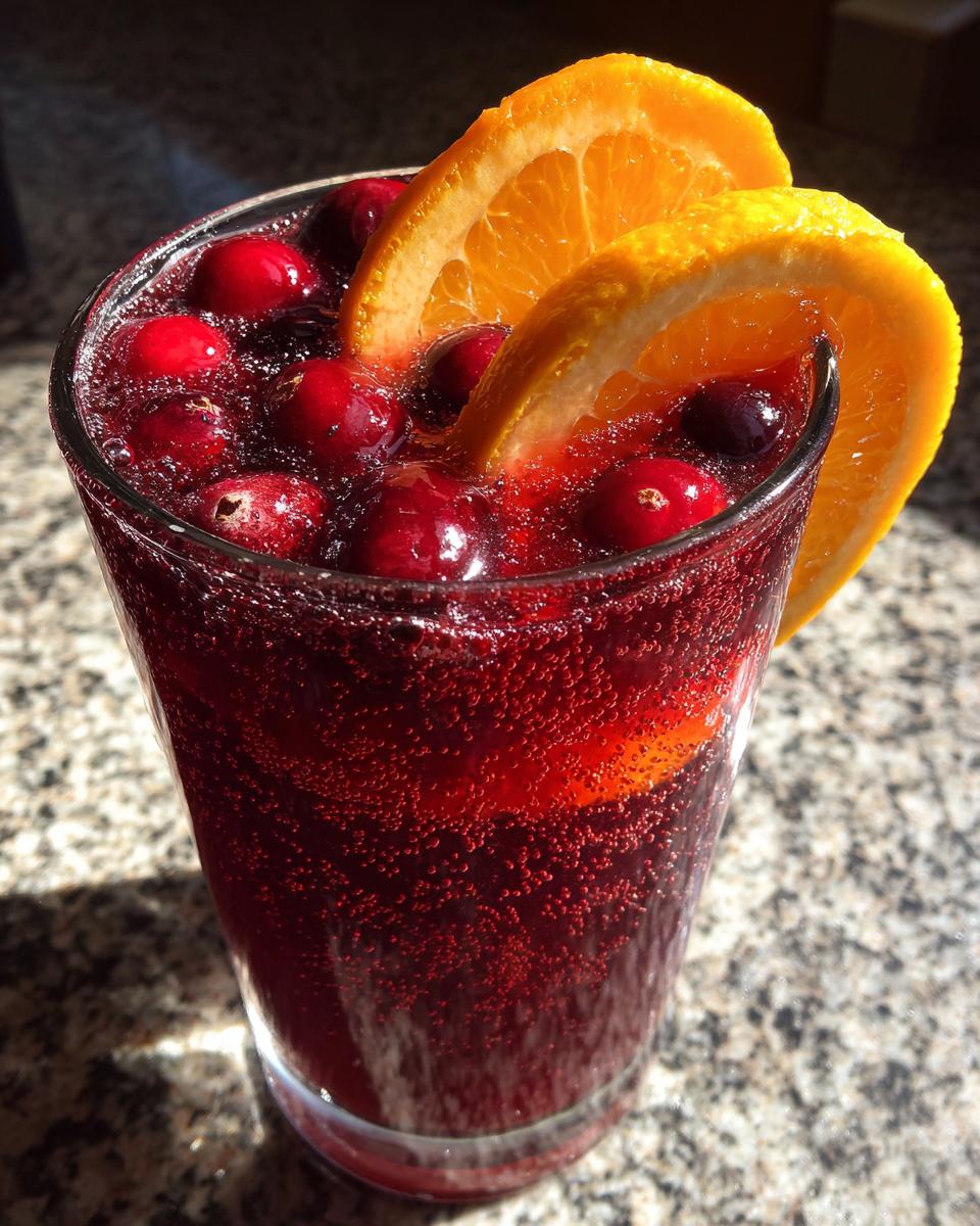 Close-up of a glass filled with bubbly, deep red non-alcoholic christmas punch, garnished with fresh cranberries and orange slices.