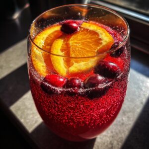 Close-up of a glass filled with vibrant red, bubbly non-alcoholic christmas punch garnished with orange slices and fresh cranberries.
