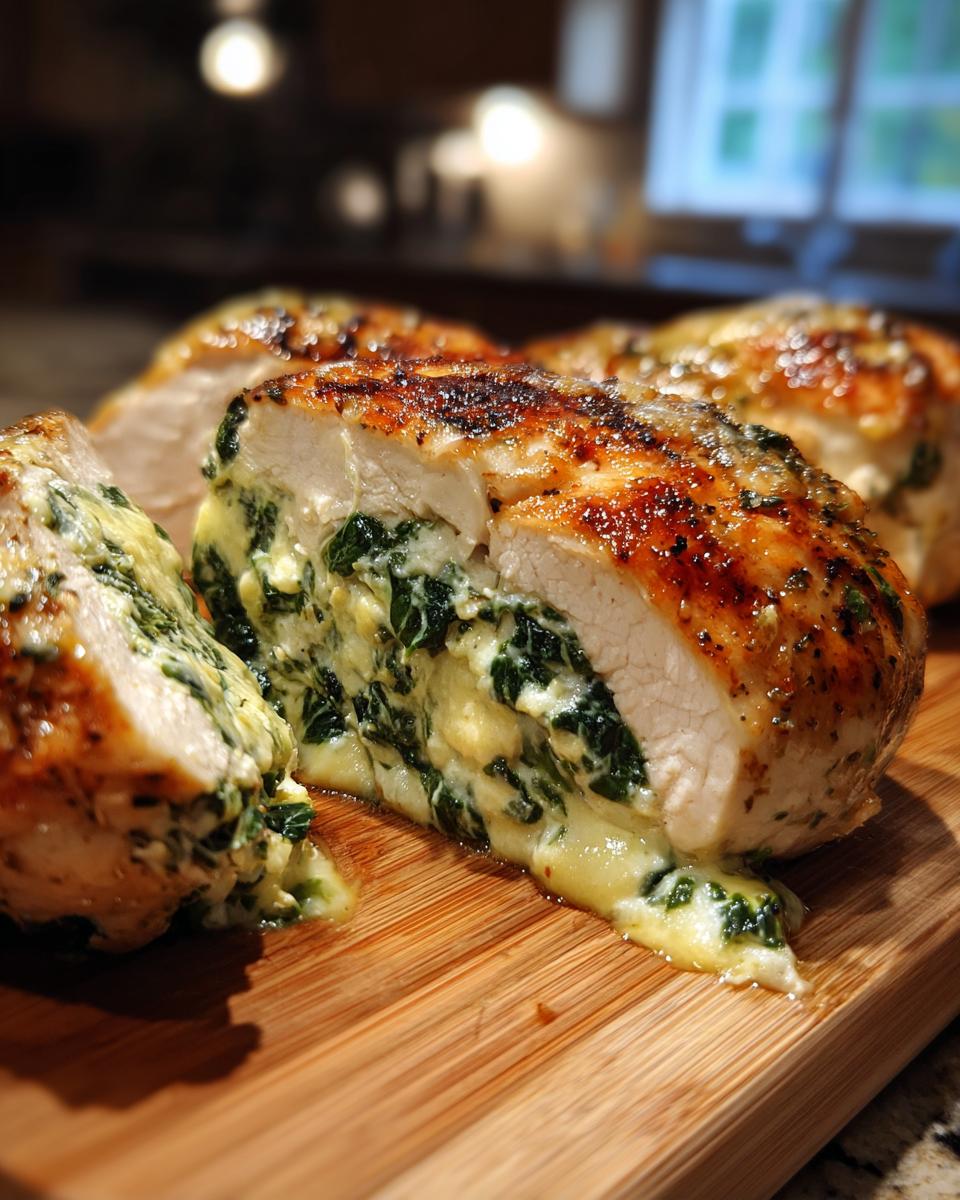 A perfectly cooked spinach stuffed chicken breast sliced open on a cutting board, showing creamy filling.