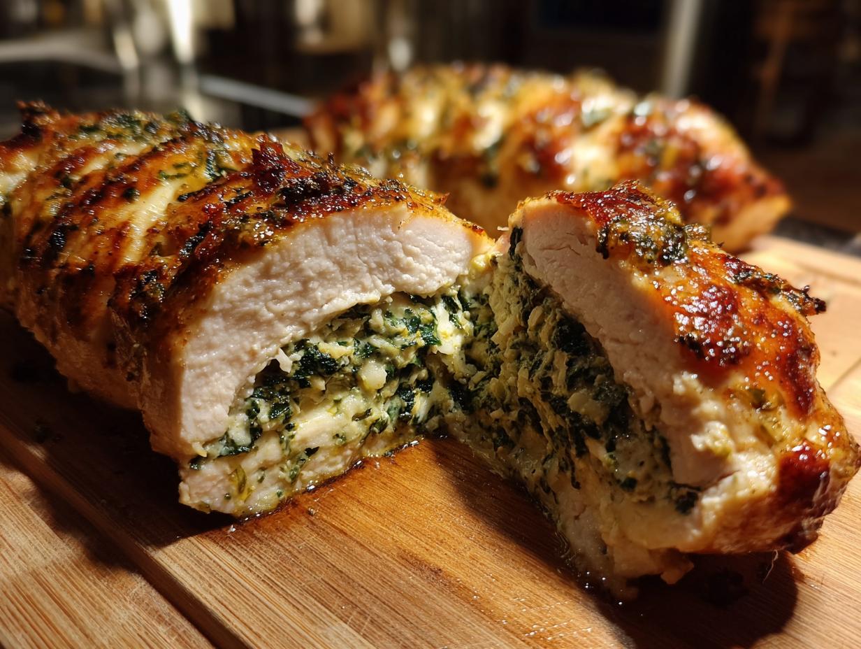 Cross-section of a juicy spinach stuffed chicken breast showing the creamy green filling inside the golden-brown exterior.