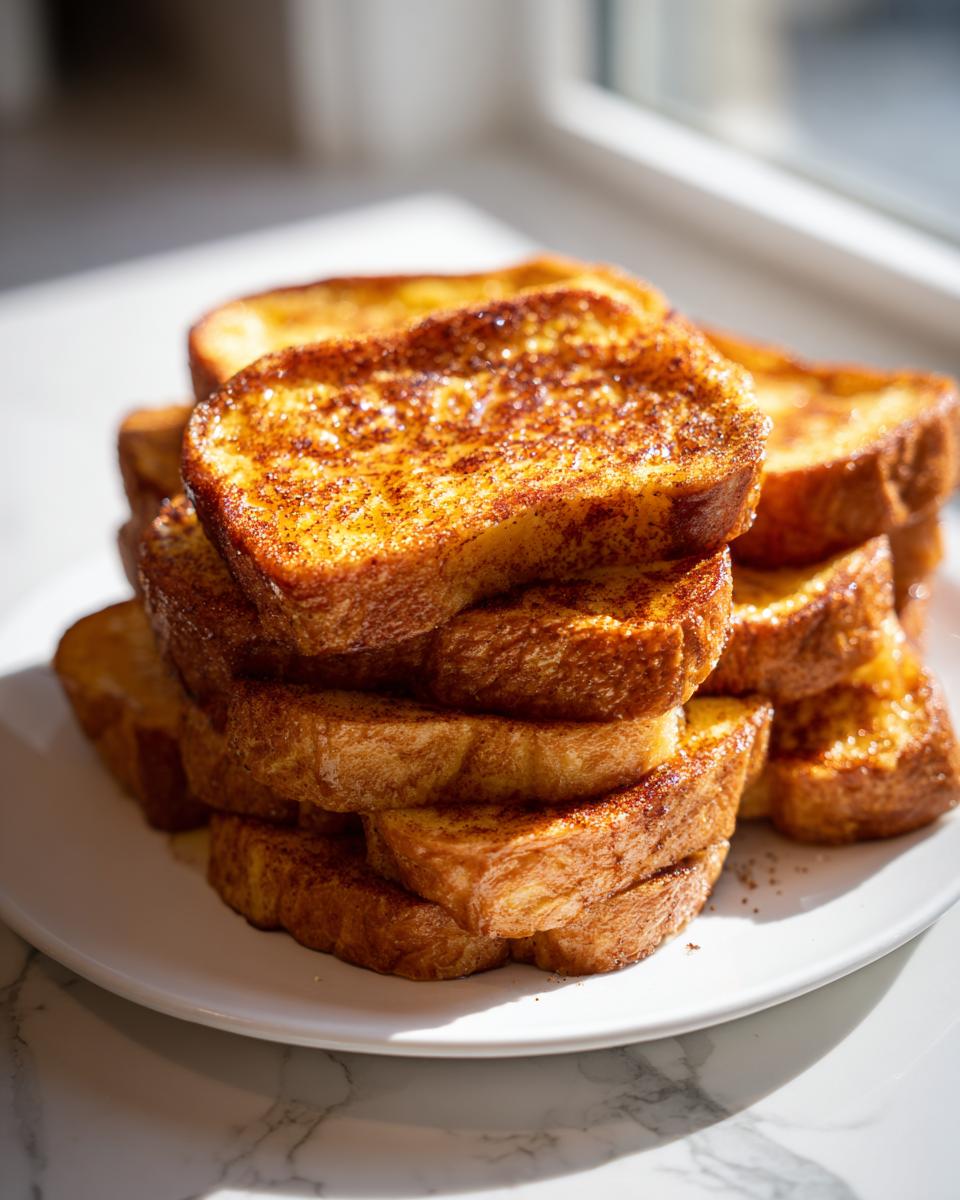 A tall stack of golden brown easy french toast slices dusted with cinnamon sugar on a white plate.