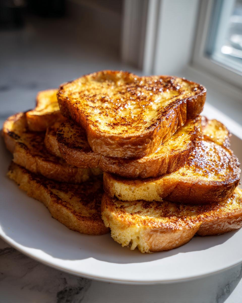 A tall stack of golden brown, perfectly cooked easy french toast slices on a white plate.