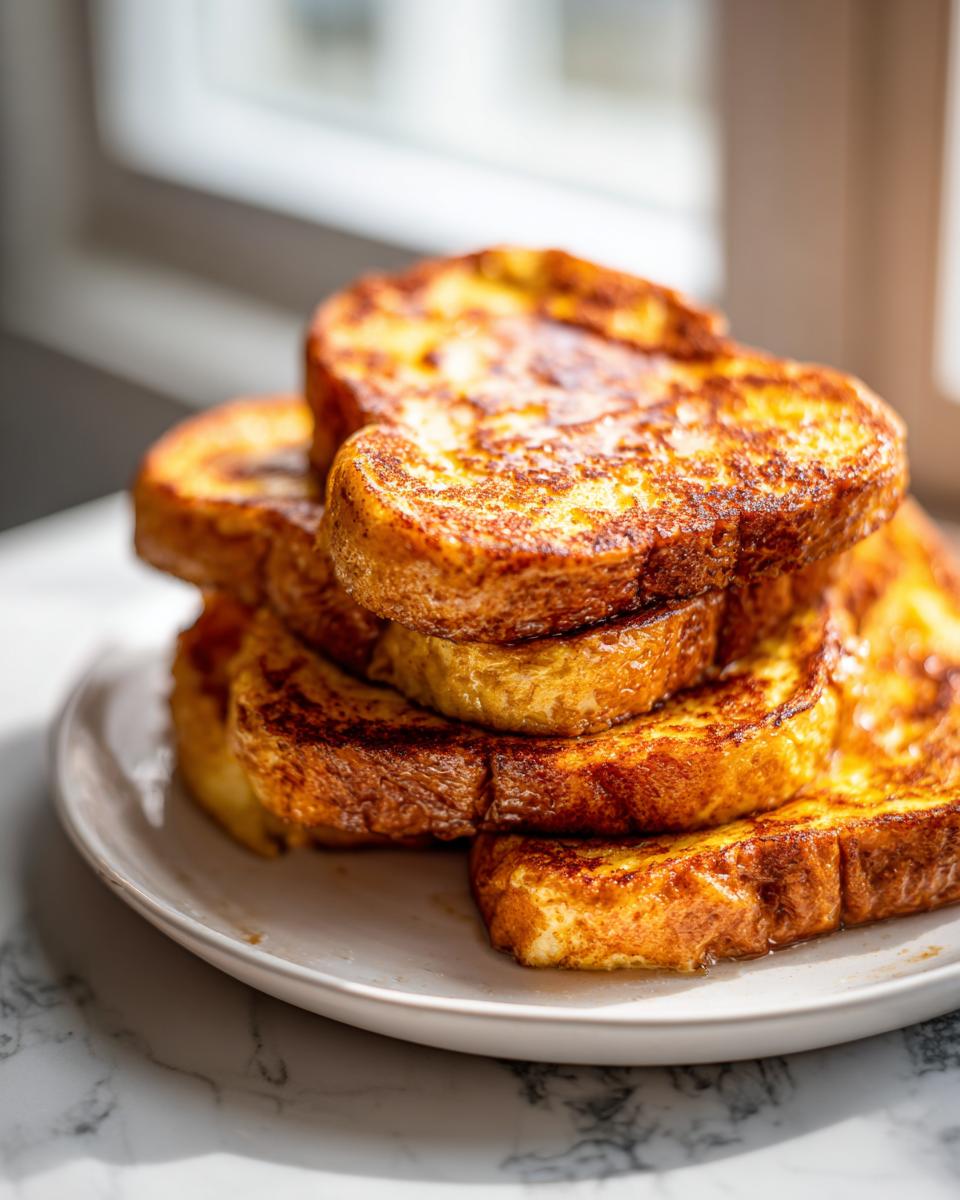 A tall stack of golden brown, perfectly cooked easy french toast slices on a white plate.