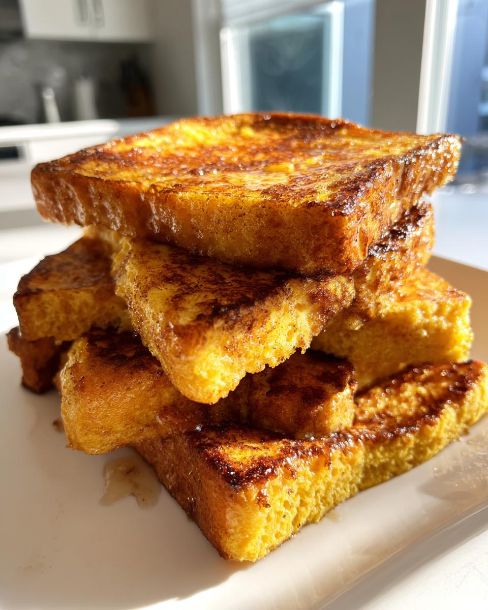A stack of thick, golden brown slices of easy French toast glistening with syrup on a white plate.