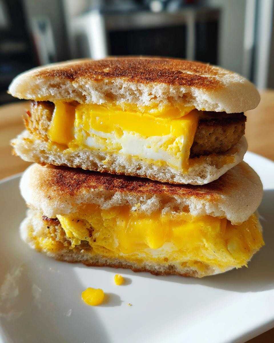 Close-up of a stacked english muffin breakfast sandwich cut in half, showing melted cheese and egg.